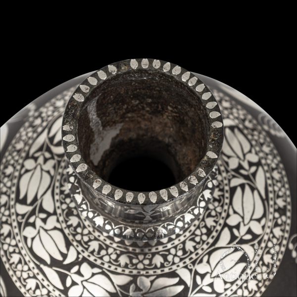 A Bidri Silver-Inlaid Globular Huqqa Base with Stylised Palash Flowers ...