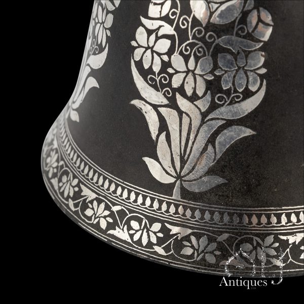 A Bidri Silver-Inlaid Bell-Shaped Huqqa Base with Mughal-Style Floral ...