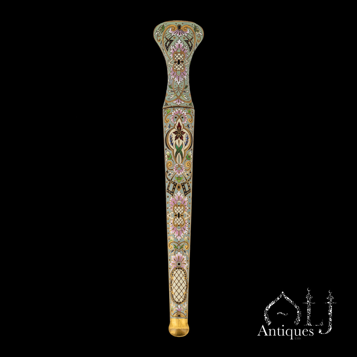 A Rare Ottoman Gilt Tombac and Polychrome Enamel Knife (Bıçak) with Rococo Floral Decoration, the Ottoman Empire, Turkey, circa 1780–1820