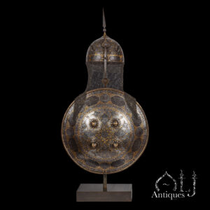 Finely Engraved and Gold-Damascened Persian Armour Set Comprising a Kulah-Khud Helmet and Separ (Sipar / Dhal) Shield Qajar Dynasty, Persia (Iran), Second Half of the 19th Century.