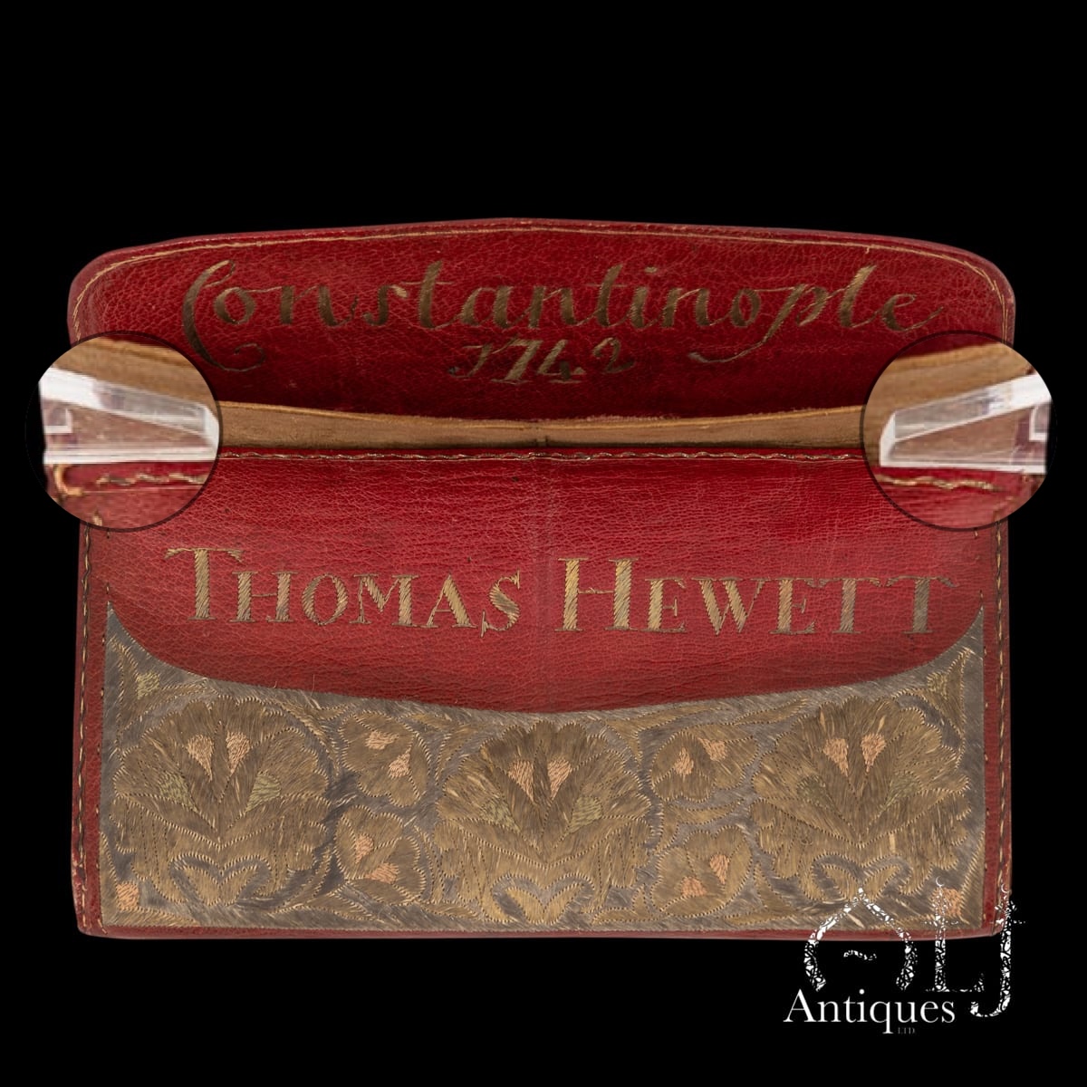 An Exceptional Ottoman Gold, Silver and Polychrome Silk Embroidered Morocco Leather Letter and Document Wallet (Brieftasche), Inscribed "Constantinople 1742" and "Thomas Hewett" Constantinople (Istanbul), Ottoman Empire, Dated 1742 - Image 6