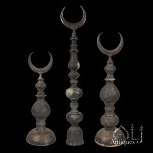 A Rare Collection of Three Monumental Ottoman Brass Crescent Finials (Hilâl Âlemi / Âlem – هلال العَلَم) The Ottoman Empire, probably Turkey or the Arab Provinces (Various Origins), circa 17th–19th Century