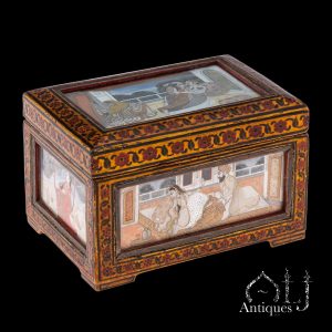 An Exceptional, Extremely Rare and Apparently Unique Deccani Courtly Painted and Lacquered Perfume, Scent or Cosmetic Casket, Lavishly Decorated in Gold with Miniature Paintings beneath Glass and Mica and Containing Six Fitted Gilt-Decorated Glass Scent Bottles, Probably Hyderabad, Deccan, India, circa 1780–1795