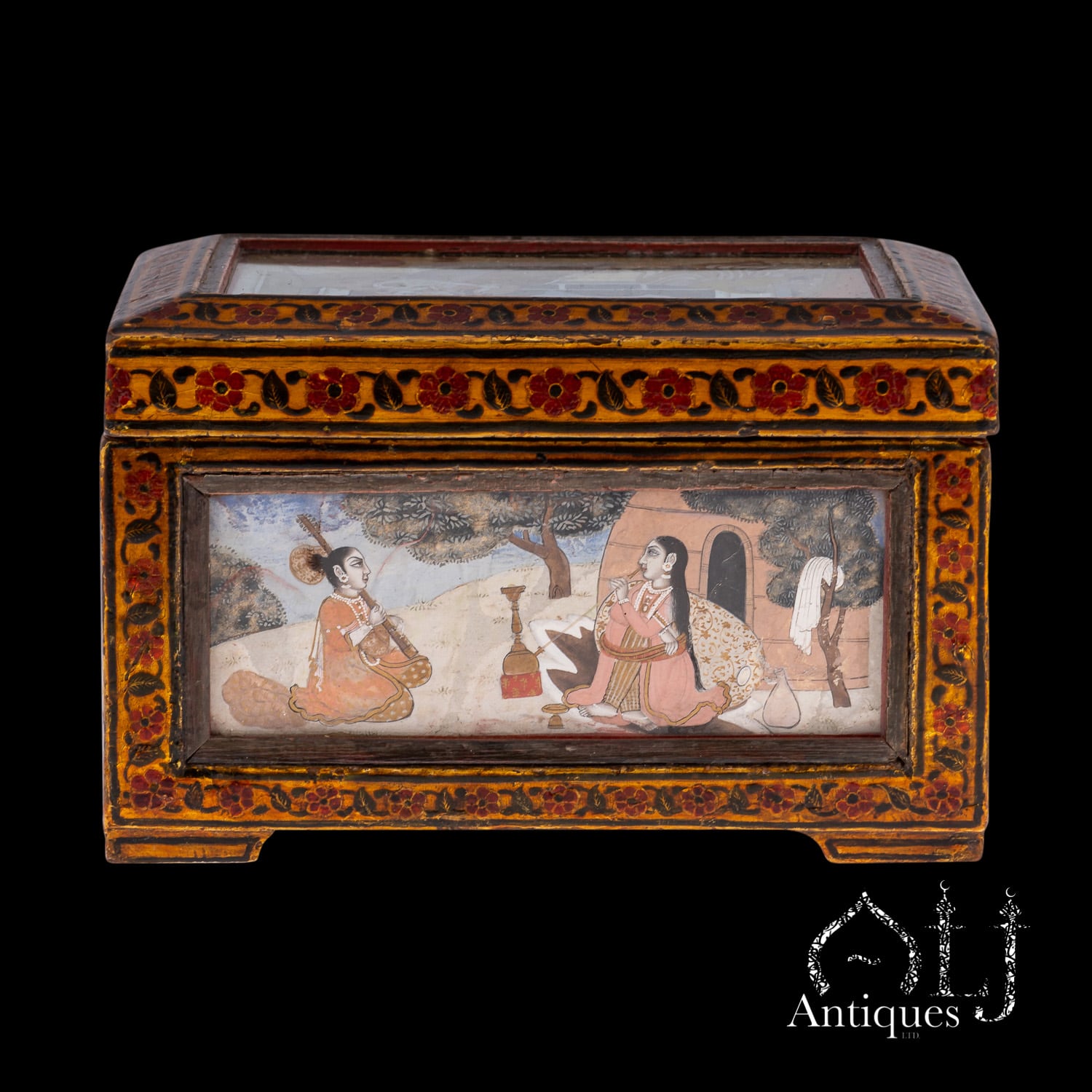 An Exceptional, Extremely Rare and Apparently Unique Deccani Courtly Painted and Lacquered Perfume, Scent or Cosmetic Casket, Lavishly Decorated in Gold with Miniature Paintings beneath Glass and Mica and Containing Six Fitted Gilt-Decorated Glass Scent Bottles, Probably Hyderabad, Deccan, India, circa 1780–1795 - Image 5