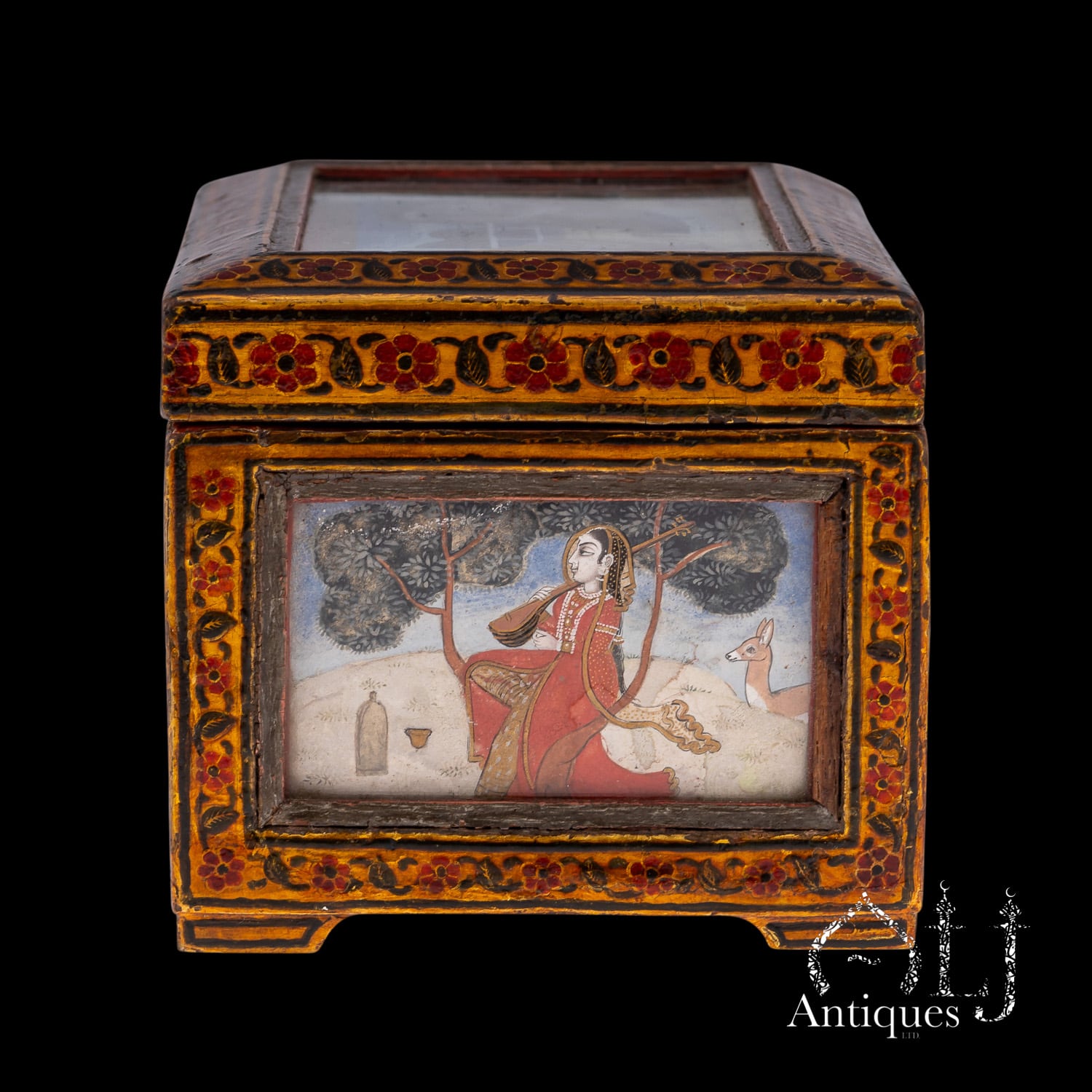 An Exceptional, Extremely Rare and Apparently Unique Deccani Courtly Painted and Lacquered Perfume, Scent or Cosmetic Casket, Lavishly Decorated in Gold with Miniature Paintings beneath Glass and Mica and Containing Six Fitted Gilt-Decorated Glass Scent Bottles, Probably Hyderabad, Deccan, India, circa 1780–1795 - Image 6