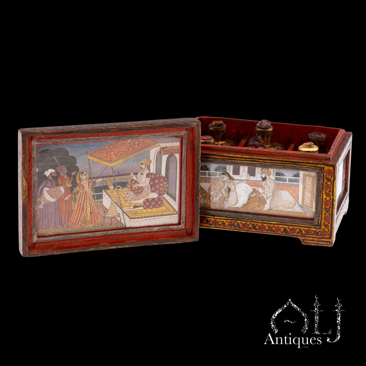 An Exceptional, Extremely Rare and Apparently Unique Deccani Courtly Painted and Lacquered Perfume, Scent or Cosmetic Casket, Lavishly Decorated in Gold with Miniature Paintings beneath Glass and Mica and Containing Six Fitted Gilt-Decorated Glass Scent Bottles, Probably Hyderabad, Deccan, India, circa 1780–1795 - Image 3