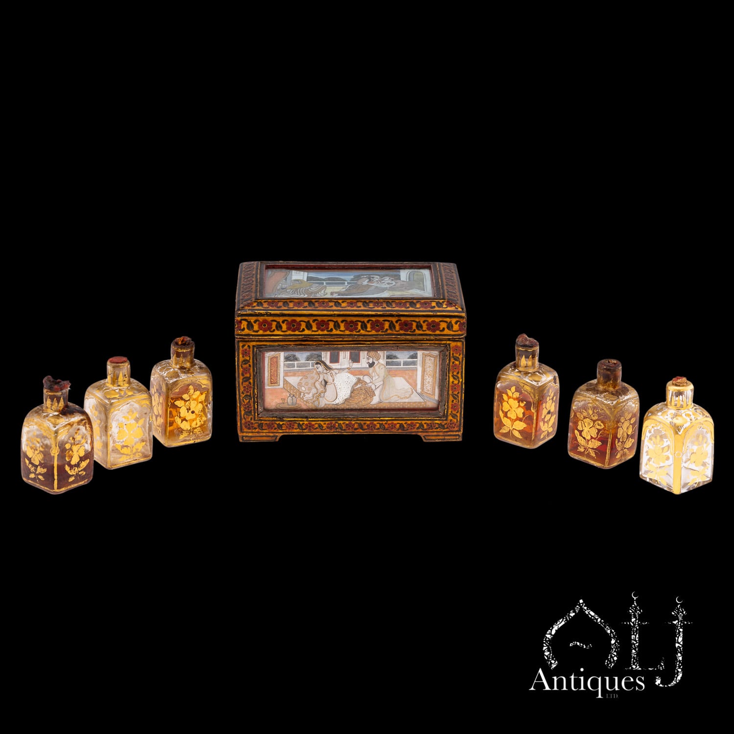 An Exceptional, Extremely Rare and Apparently Unique Deccani Courtly Painted and Lacquered Perfume, Scent or Cosmetic Casket, Lavishly Decorated in Gold with Miniature Paintings beneath Glass and Mica and Containing Six Fitted Gilt-Decorated Glass Scent Bottles, Probably Hyderabad, Deccan, India, circa 1780–1795 - Image 2