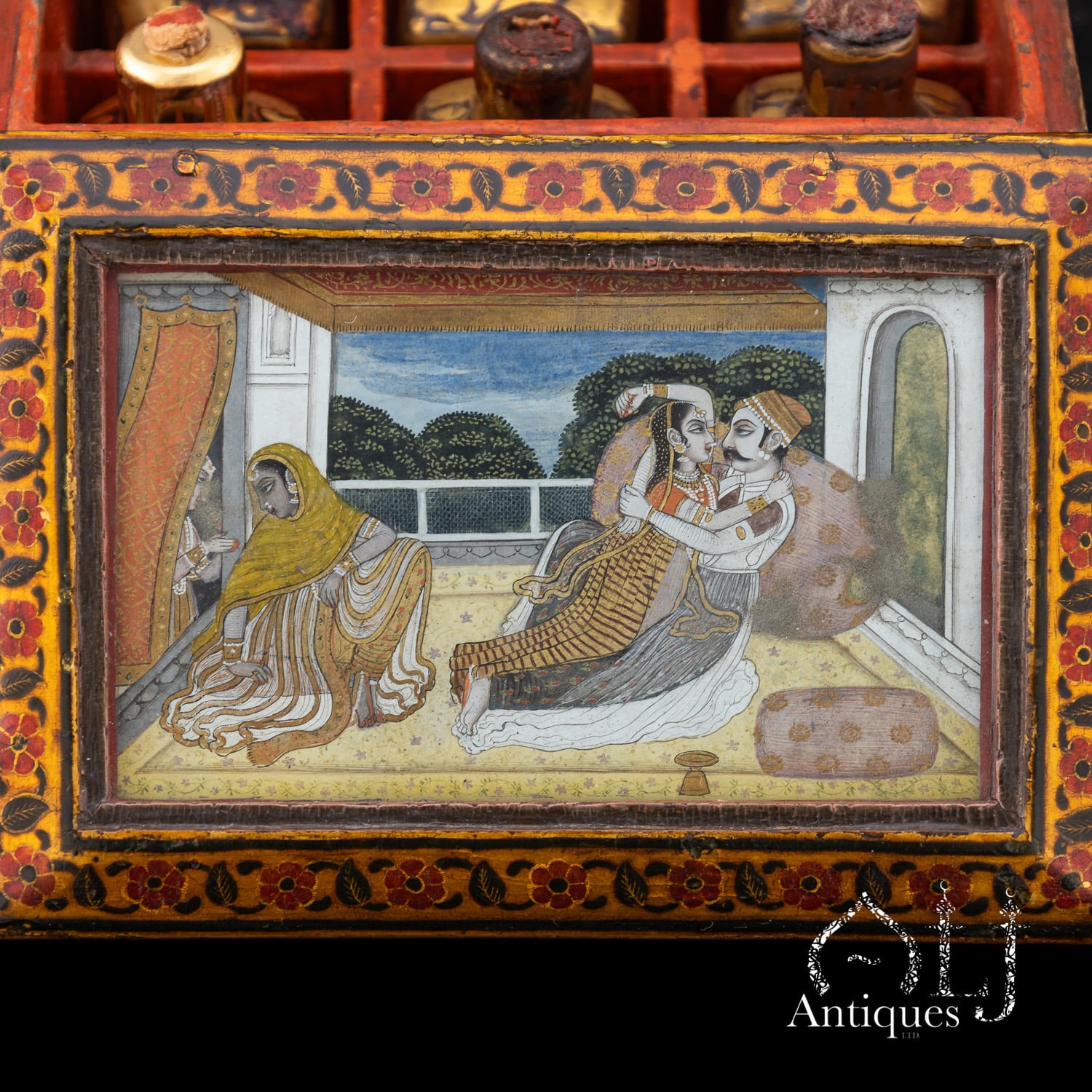 An Exceptional, Extremely Rare and Apparently Unique Deccani Courtly Painted and Lacquered Perfume, Scent or Cosmetic Casket, Lavishly Decorated in Gold with Miniature Paintings beneath Glass and Mica and Containing Six Fitted Gilt-Decorated Glass Scent Bottles, Probably Hyderabad, Deccan, India, circa 1780–1795 - Image 13