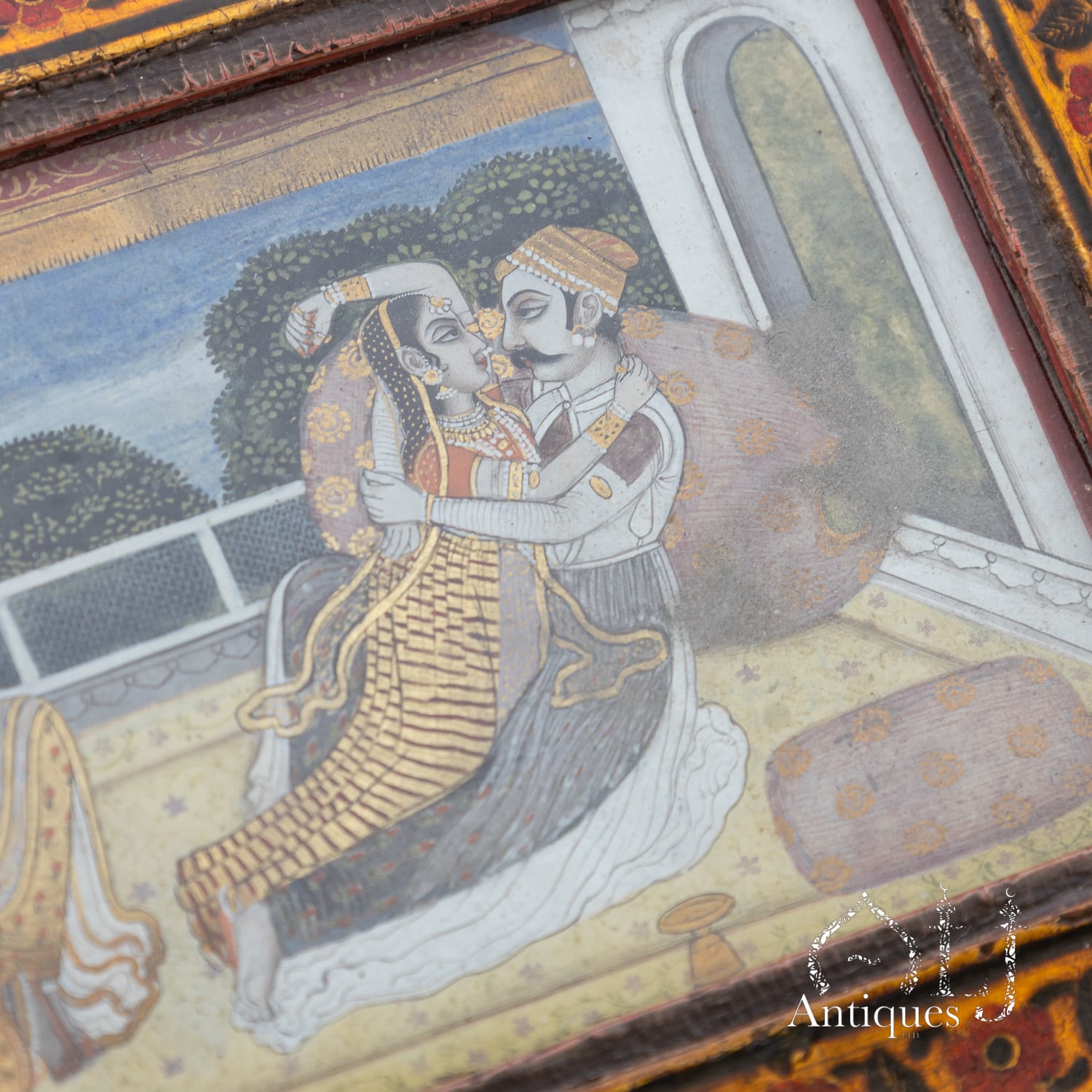 An Exceptional, Extremely Rare and Apparently Unique Deccani Courtly Painted and Lacquered Perfume, Scent or Cosmetic Casket, Lavishly Decorated in Gold with Miniature Paintings beneath Glass and Mica and Containing Six Fitted Gilt-Decorated Glass Scent Bottles, Probably Hyderabad, Deccan, India, circa 1780–1795 - Image 28