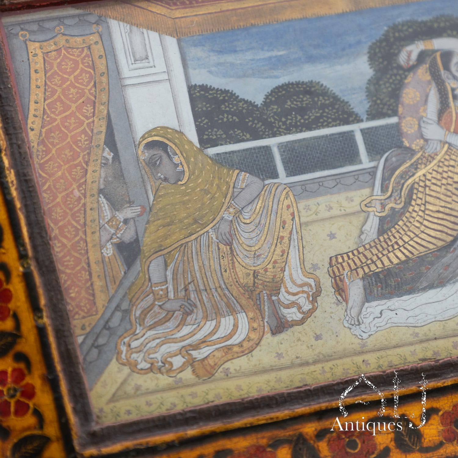 An Exceptional, Extremely Rare and Apparently Unique Deccani Courtly Painted and Lacquered Perfume, Scent or Cosmetic Casket, Lavishly Decorated in Gold with Miniature Paintings beneath Glass and Mica and Containing Six Fitted Gilt-Decorated Glass Scent Bottles, Probably Hyderabad, Deccan, India, circa 1780–1795 - Image 27