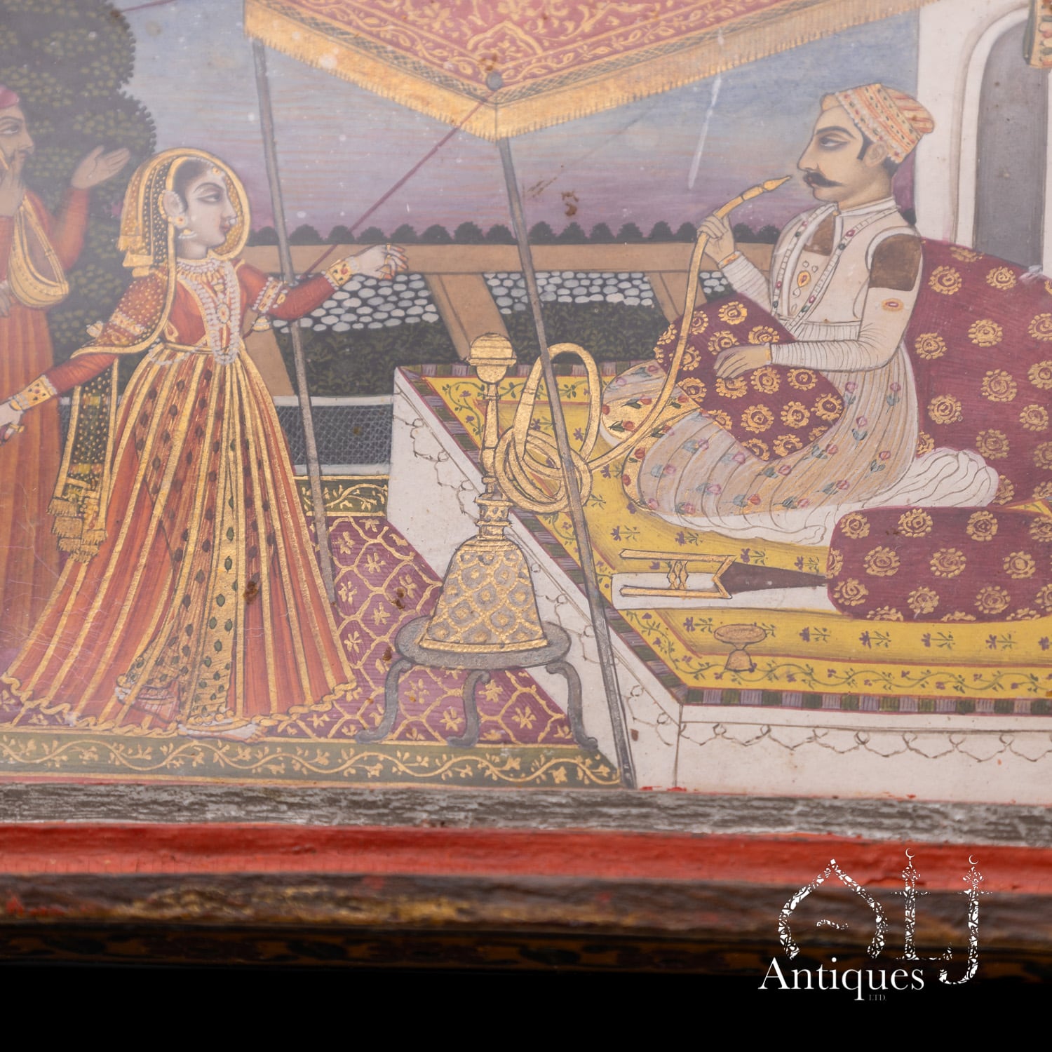 An Exceptional, Extremely Rare and Apparently Unique Deccani Courtly Painted and Lacquered Perfume, Scent or Cosmetic Casket, Lavishly Decorated in Gold with Miniature Paintings beneath Glass and Mica and Containing Six Fitted Gilt-Decorated Glass Scent Bottles, Probably Hyderabad, Deccan, India, circa 1780–1795 - Image 24