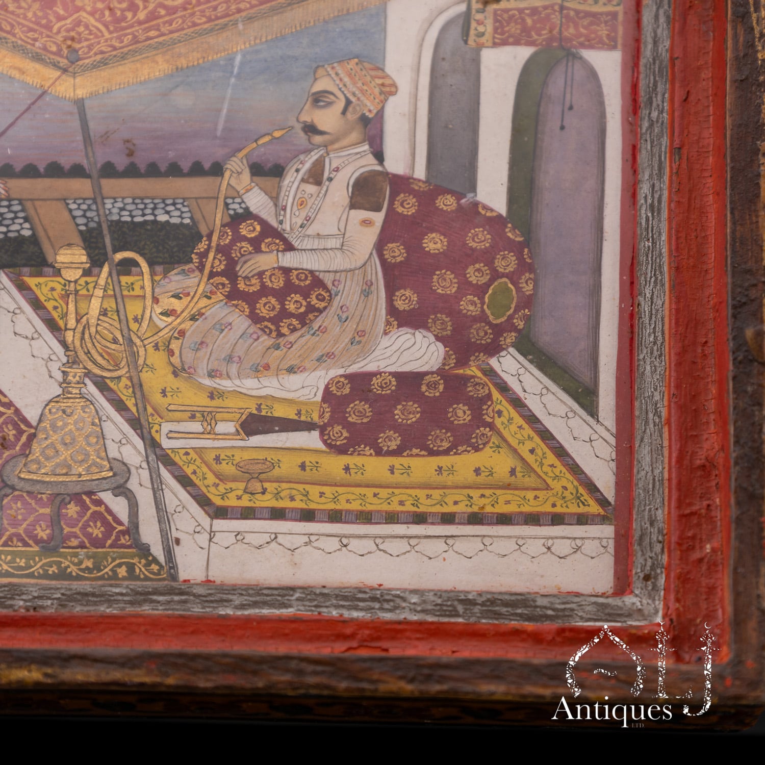 An Exceptional, Extremely Rare and Apparently Unique Deccani Courtly Painted and Lacquered Perfume, Scent or Cosmetic Casket, Lavishly Decorated in Gold with Miniature Paintings beneath Glass and Mica and Containing Six Fitted Gilt-Decorated Glass Scent Bottles, Probably Hyderabad, Deccan, India, circa 1780–1795 - Image 23