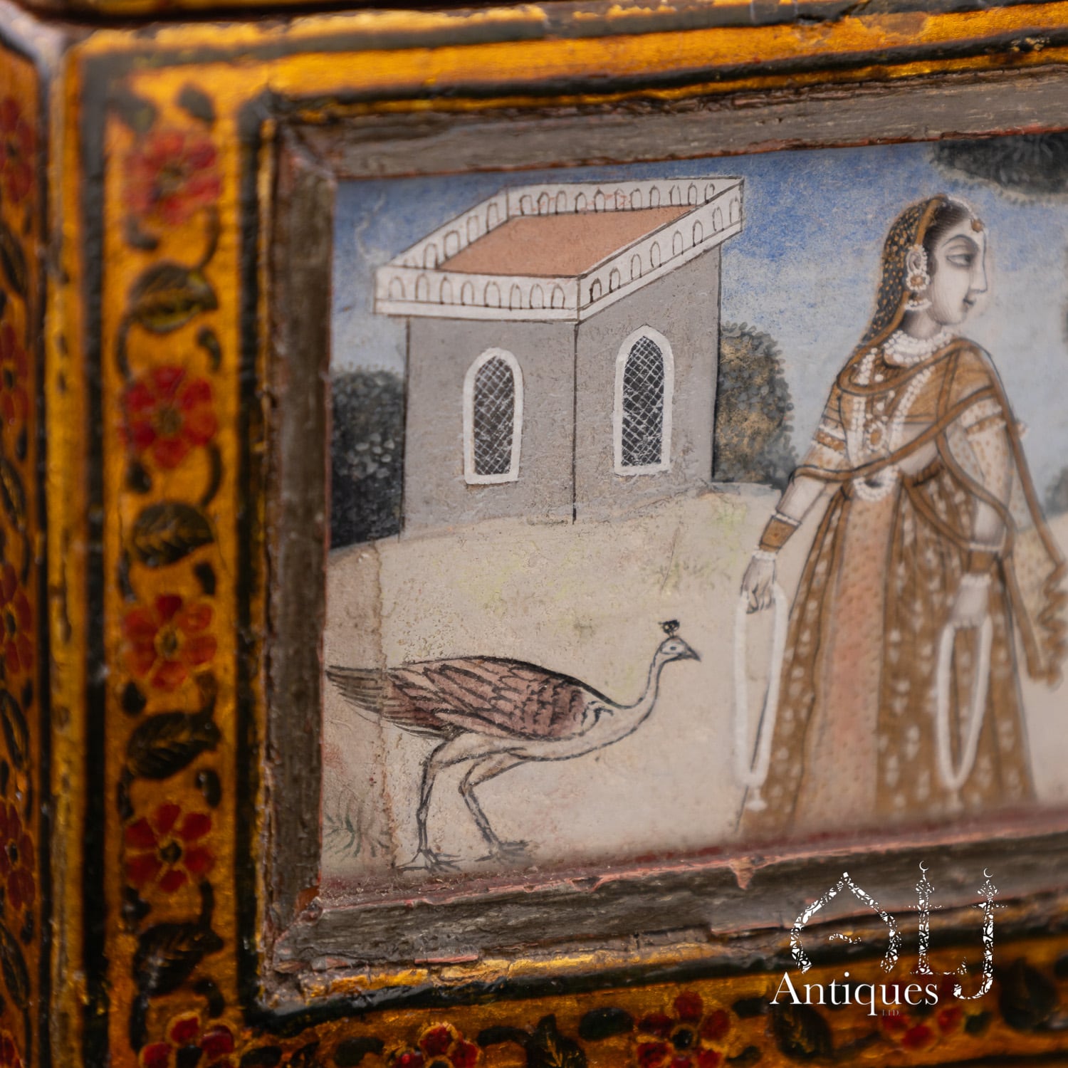 An Exceptional, Extremely Rare and Apparently Unique Deccani Courtly Painted and Lacquered Perfume, Scent or Cosmetic Casket, Lavishly Decorated in Gold with Miniature Paintings beneath Glass and Mica and Containing Six Fitted Gilt-Decorated Glass Scent Bottles, Probably Hyderabad, Deccan, India, circa 1780–1795 - Image 22