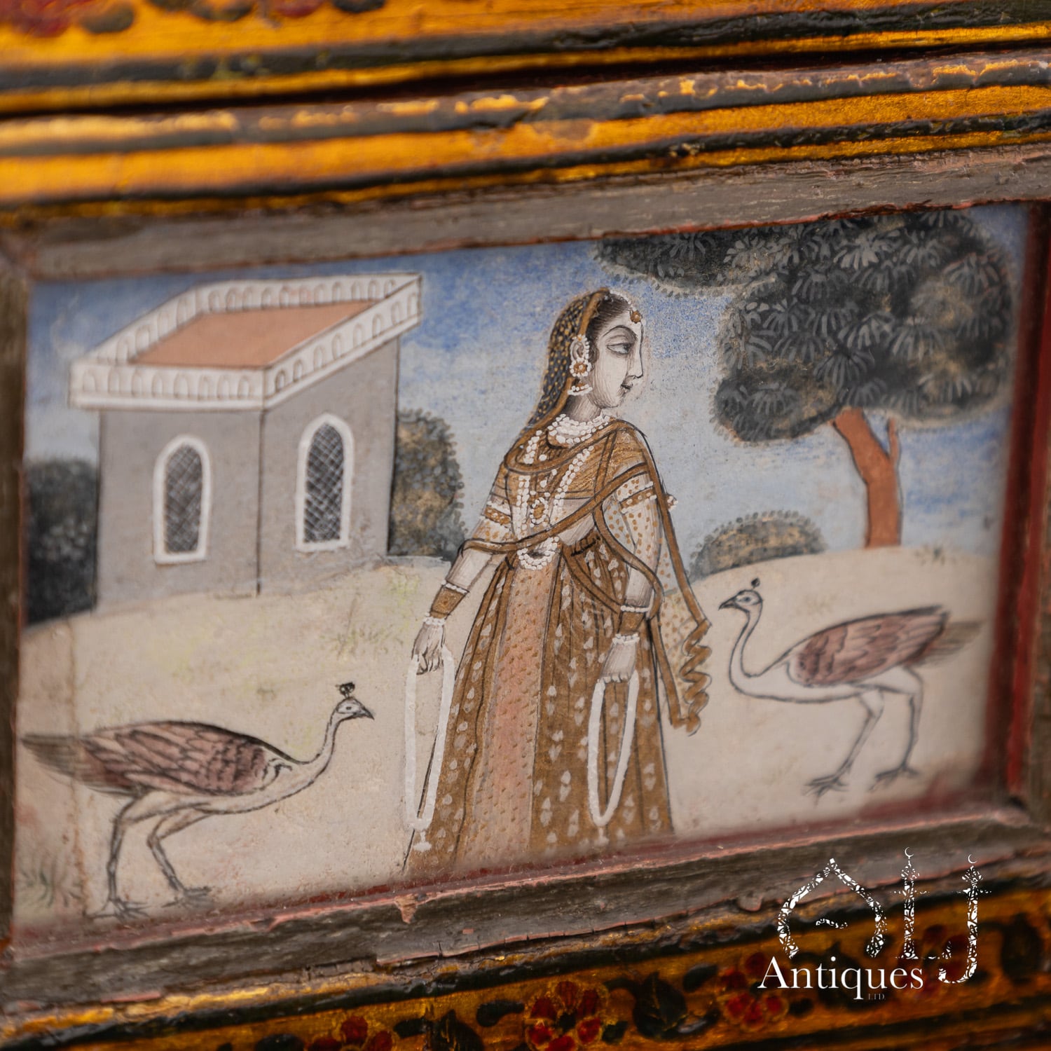 An Exceptional, Extremely Rare and Apparently Unique Deccani Courtly Painted and Lacquered Perfume, Scent or Cosmetic Casket, Lavishly Decorated in Gold with Miniature Paintings beneath Glass and Mica and Containing Six Fitted Gilt-Decorated Glass Scent Bottles, Probably Hyderabad, Deccan, India, circa 1780–1795 - Image 21