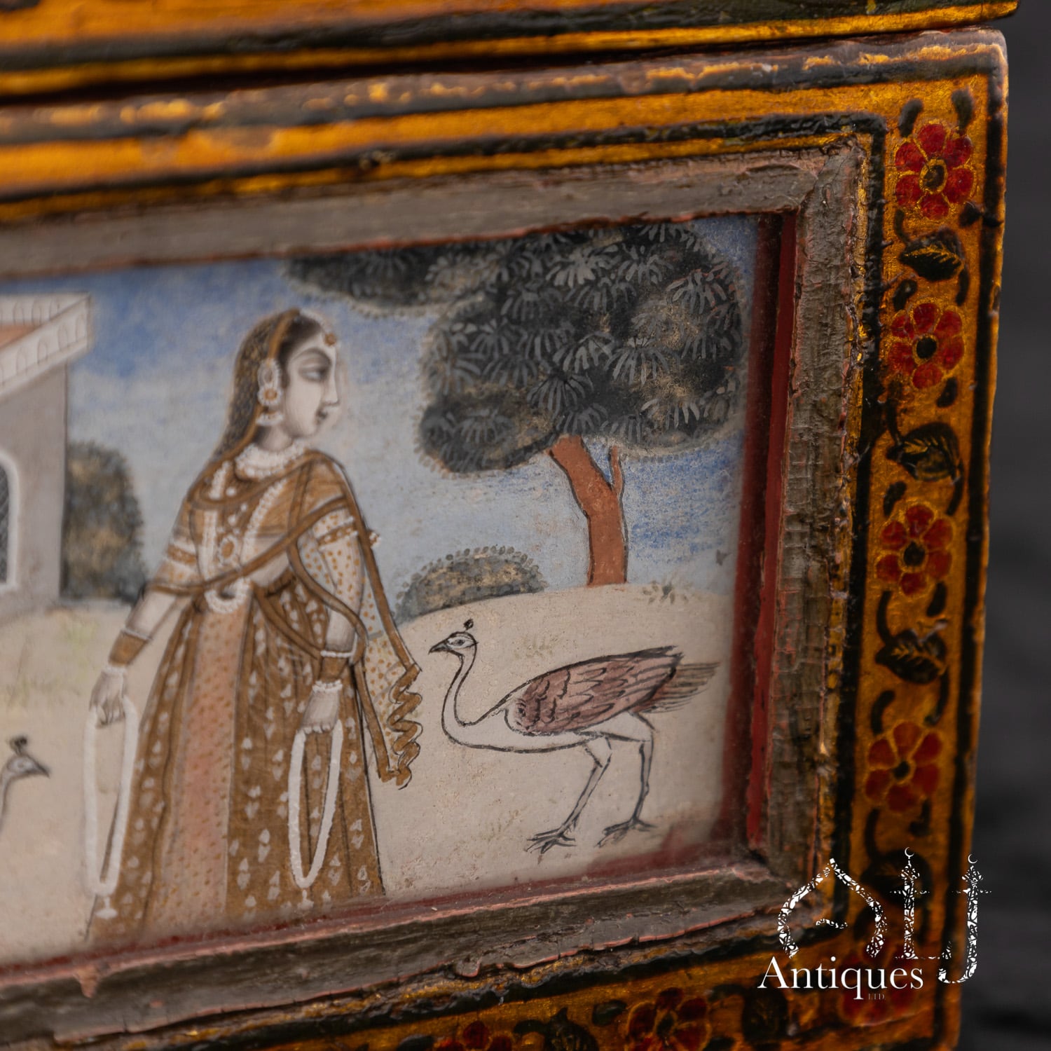 An Exceptional, Extremely Rare and Apparently Unique Deccani Courtly Painted and Lacquered Perfume, Scent or Cosmetic Casket, Lavishly Decorated in Gold with Miniature Paintings beneath Glass and Mica and Containing Six Fitted Gilt-Decorated Glass Scent Bottles, Probably Hyderabad, Deccan, India, circa 1780–1795 - Image 20