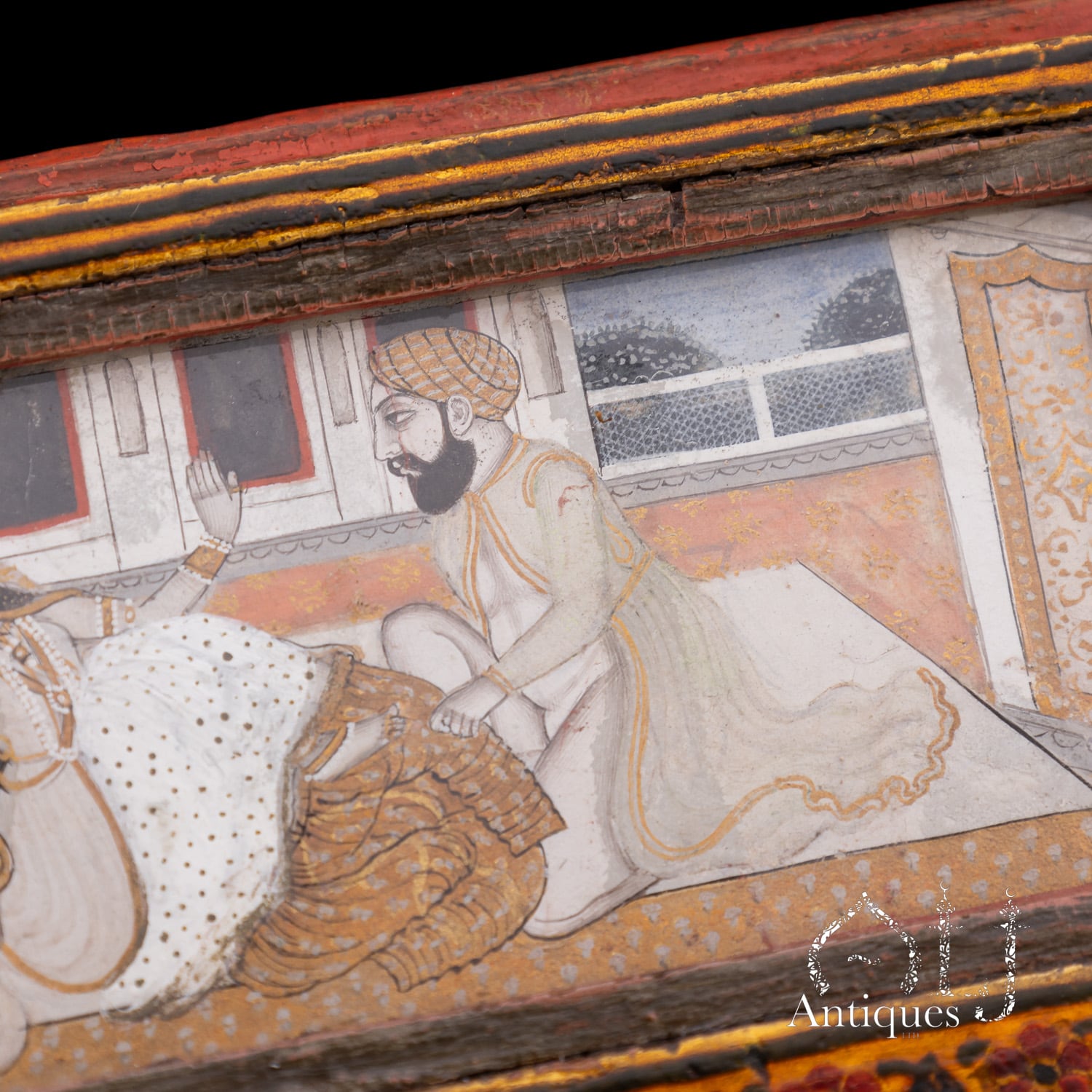 An Exceptional, Extremely Rare and Apparently Unique Deccani Courtly Painted and Lacquered Perfume, Scent or Cosmetic Casket, Lavishly Decorated in Gold with Miniature Paintings beneath Glass and Mica and Containing Six Fitted Gilt-Decorated Glass Scent Bottles, Probably Hyderabad, Deccan, India, circa 1780–1795 - Image 16