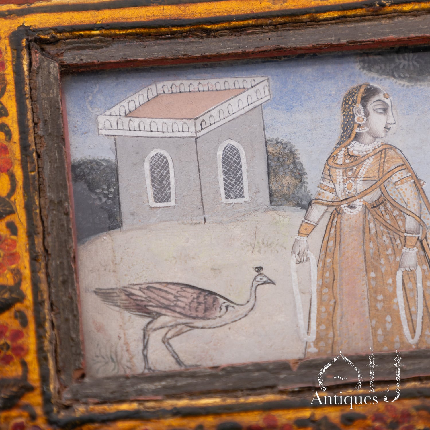 An Exceptional, Extremely Rare and Apparently Unique Deccani Courtly Painted and Lacquered Perfume, Scent or Cosmetic Casket, Lavishly Decorated in Gold with Miniature Paintings beneath Glass and Mica and Containing Six Fitted Gilt-Decorated Glass Scent Bottles, Probably Hyderabad, Deccan, India, circa 1780–1795 - Image 17