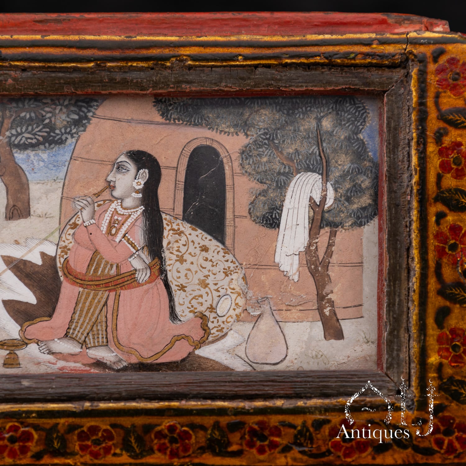 An Exceptional, Extremely Rare and Apparently Unique Deccani Courtly Painted and Lacquered Perfume, Scent or Cosmetic Casket, Lavishly Decorated in Gold with Miniature Paintings beneath Glass and Mica and Containing Six Fitted Gilt-Decorated Glass Scent Bottles, Probably Hyderabad, Deccan, India, circa 1780–1795 - Image 18
