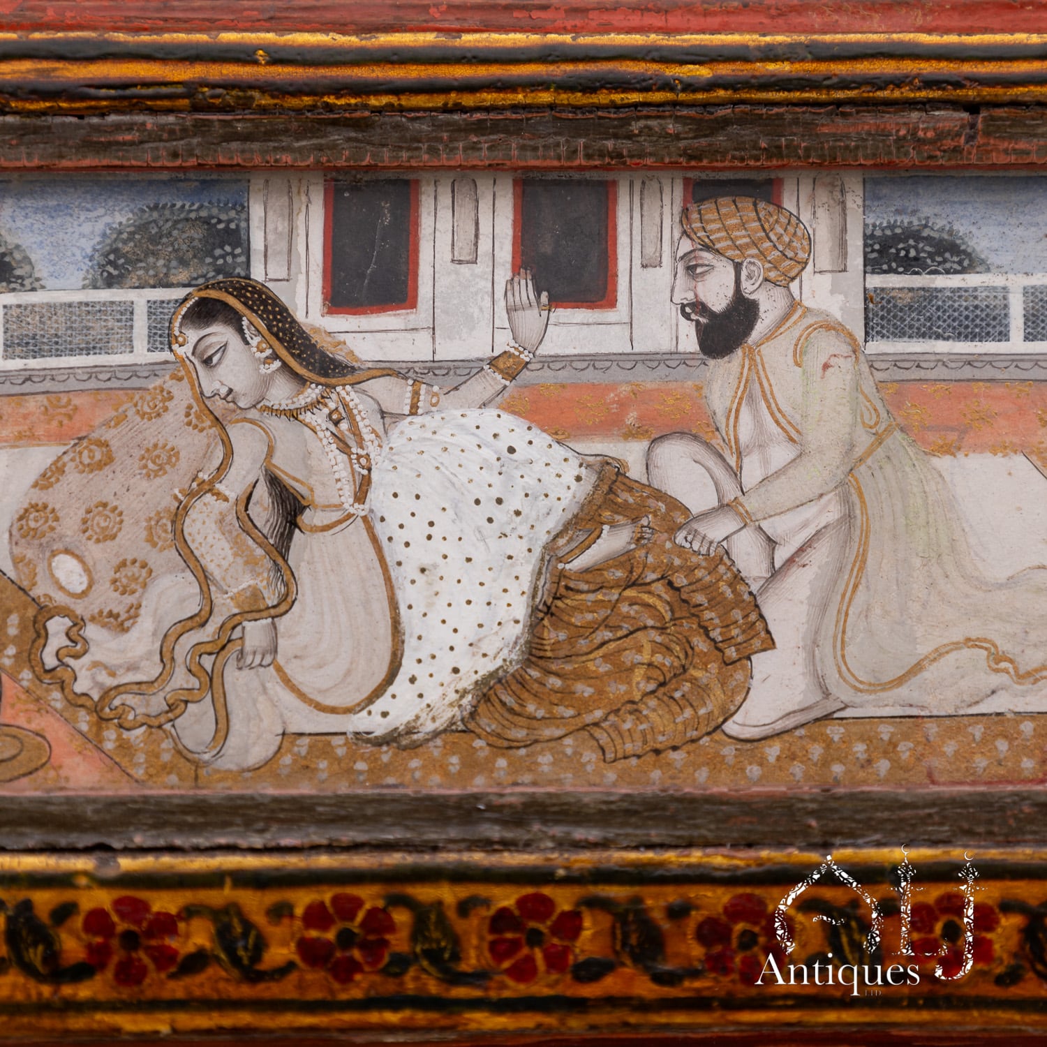 An Exceptional, Extremely Rare and Apparently Unique Deccani Courtly Painted and Lacquered Perfume, Scent or Cosmetic Casket, Lavishly Decorated in Gold with Miniature Paintings beneath Glass and Mica and Containing Six Fitted Gilt-Decorated Glass Scent Bottles, Probably Hyderabad, Deccan, India, circa 1780–1795 - Image 15