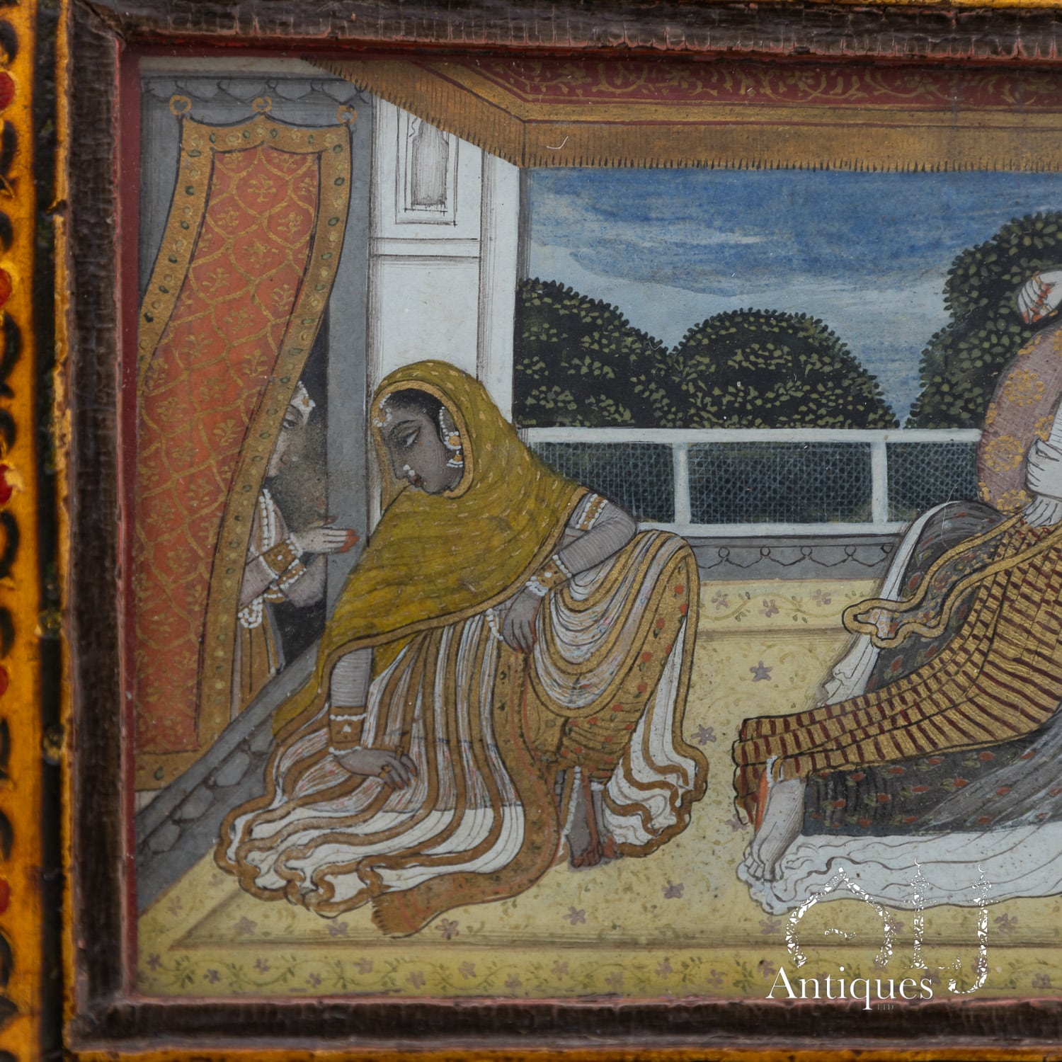An Exceptional, Extremely Rare and Apparently Unique Deccani Courtly Painted and Lacquered Perfume, Scent or Cosmetic Casket, Lavishly Decorated in Gold with Miniature Paintings beneath Glass and Mica and Containing Six Fitted Gilt-Decorated Glass Scent Bottles, Probably Hyderabad, Deccan, India, circa 1780–1795 - Image 14
